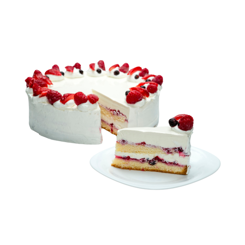 Torta BIELA ČOKOLÁDA S LESNÝM OVOCÍM 1700g/14 porcií, predrezaná, samostatne balená